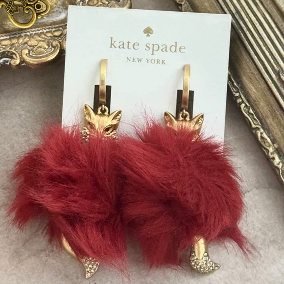 KATE SPADE • So Foxy Fox Russet Statement Huggies Earrings Pom Pom Fluffy - Picture 4 of 4